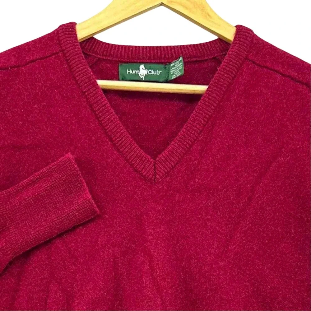 VTG Hunt Club Lambswool V-Neck Sweater Burgundy Red Made in USA SZ L 1990s Prep